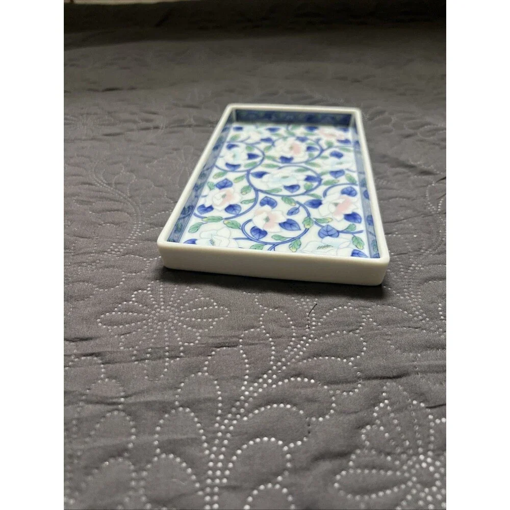 VTG Japanese Porcelain Rectangular Tray Lotus Floral Pink Blue Design Trinket